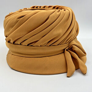 Vintage 50s 60s Ladies Yellow Mustard Pillbox Chiffon Rosette Hat with Bow